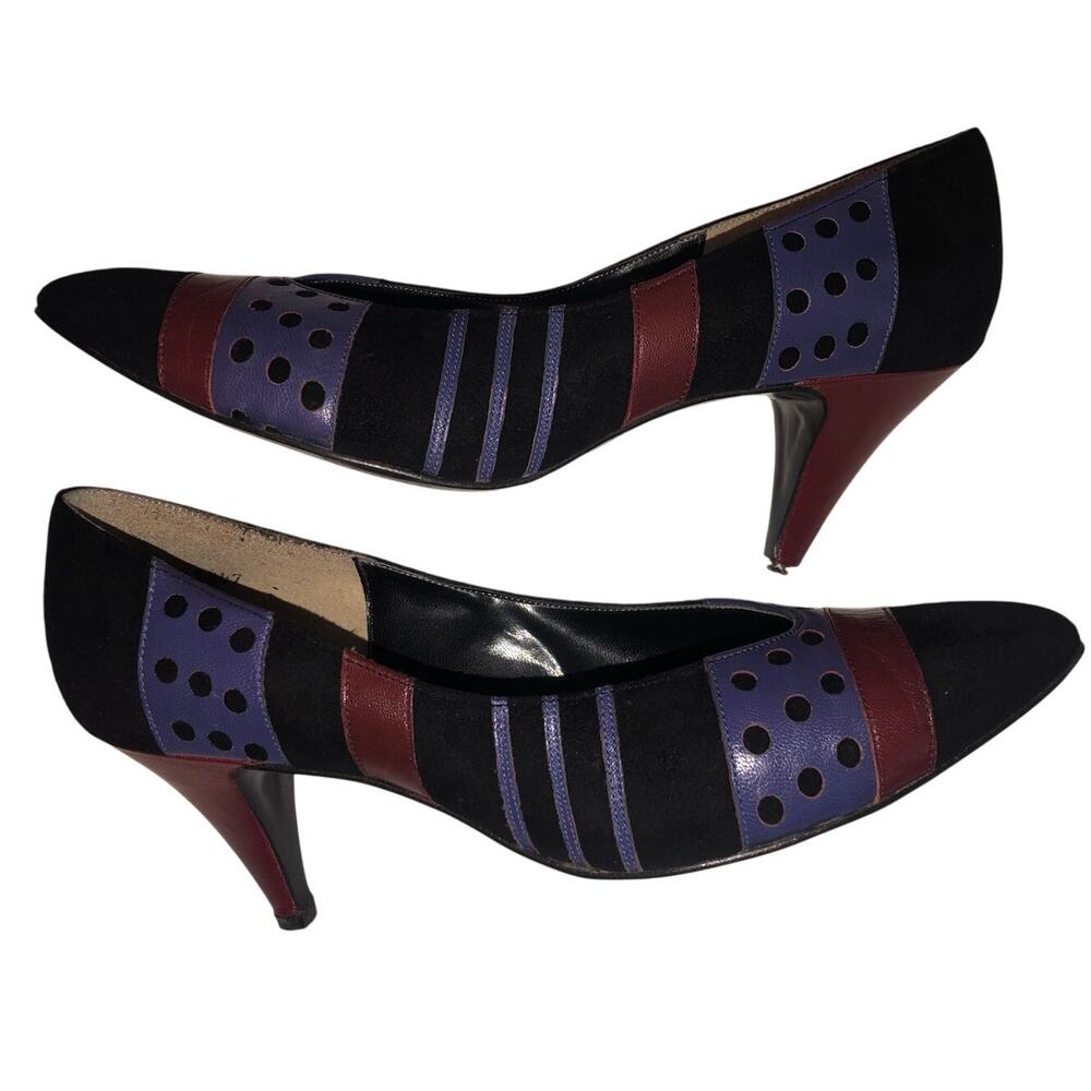 Daisy Pumps Vintage 80s Size 8.5 Black Suede Purple Red Leather Stripes FLAWED